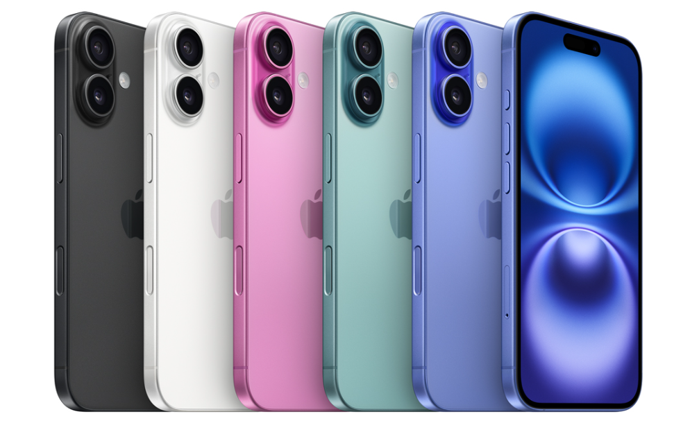iPhone 16 highlighting its sleek aluminum frame and glass back design in various colors.